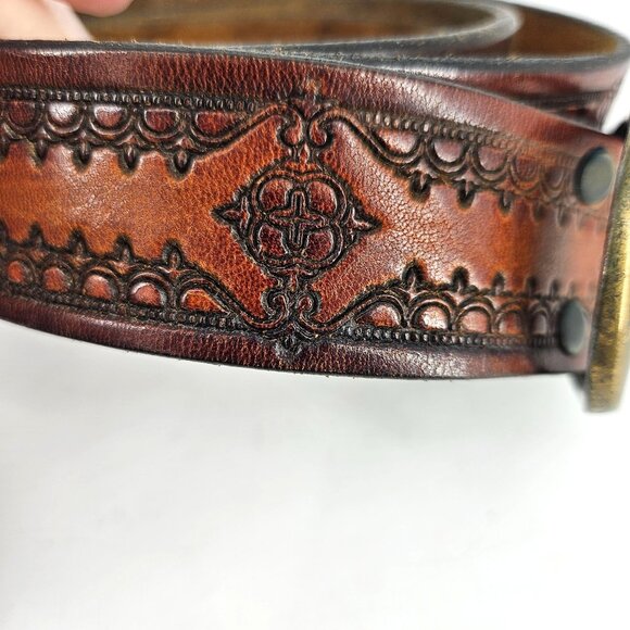 Brown Embossed Western Leather Belt Brass Buckle Size 40 Large 1.50" W USA - Picture 2 of 11